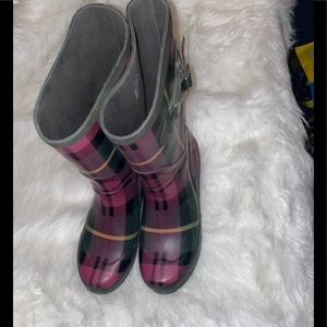 WOMEN'S PLAID RUBBER L L BEAN WELLIES WELLIE  SNOW RAIN BOOTS SIZE 8 cute